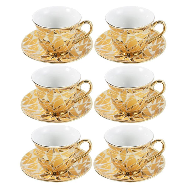 Ceramic Tea Cup and Saucer Set of 6 Pcs Gold Abstract Design Cup 7.5*9 cm Saucer 14 cm