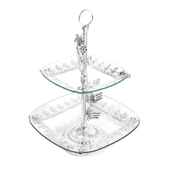 Mughal Design Glass Cake and Fruit Plate Stand 2 Tier Silver 45*30 cm