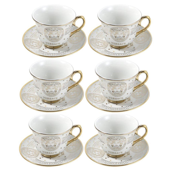 Ceramic Greek Gold Key Print Tea Cup and Saucer Set of 14 Pcs with Teapot Kettle and Stand Pot 14.5*22 cm/9*7.5 cm