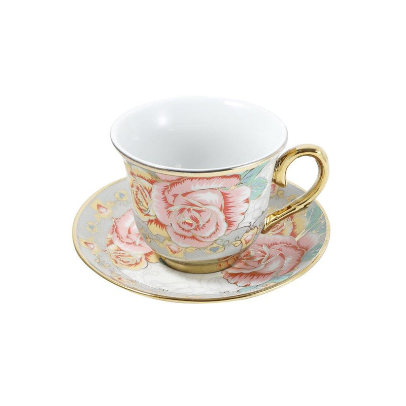 Ceramic Tea Cup and Saucer Set of 6 Pcs Floral Design Cup 7.5*9 cm Saucer 14 cm