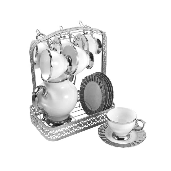Ceramic Tea Cup and Saucer Set of 13 Pcs with Tea Pot and Stand White Silver
