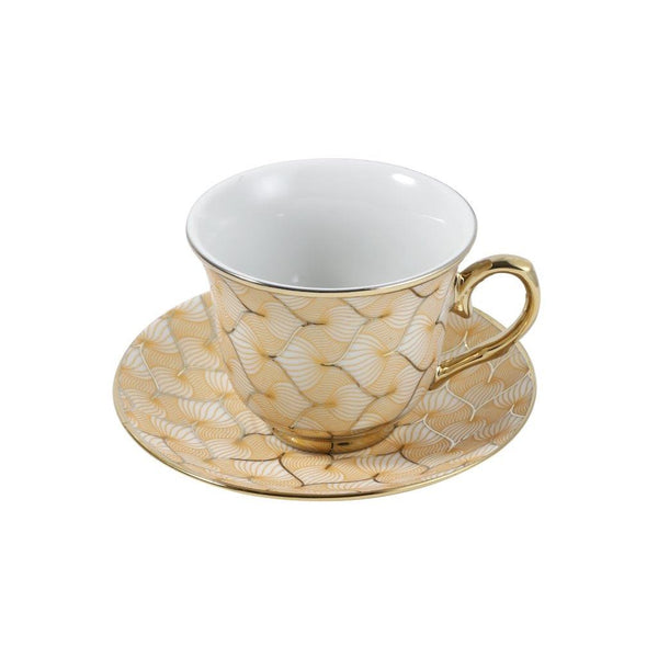 Ceramic Tea Cup and Saucer Set of 6 Pcs Cream Abstract Design Cup 7.5*9 cm Saucer 14 cm