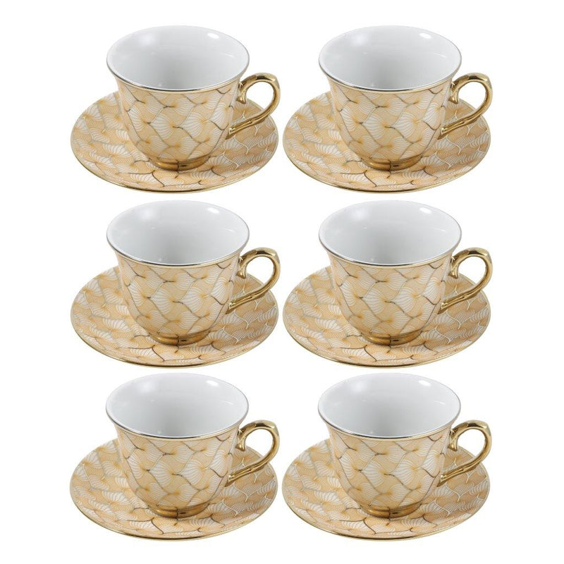 Ceramic Tea Cup and Saucer Set of 6 Pcs Cream Abstract Design Cup 7.5*9 cm Saucer 14 cm