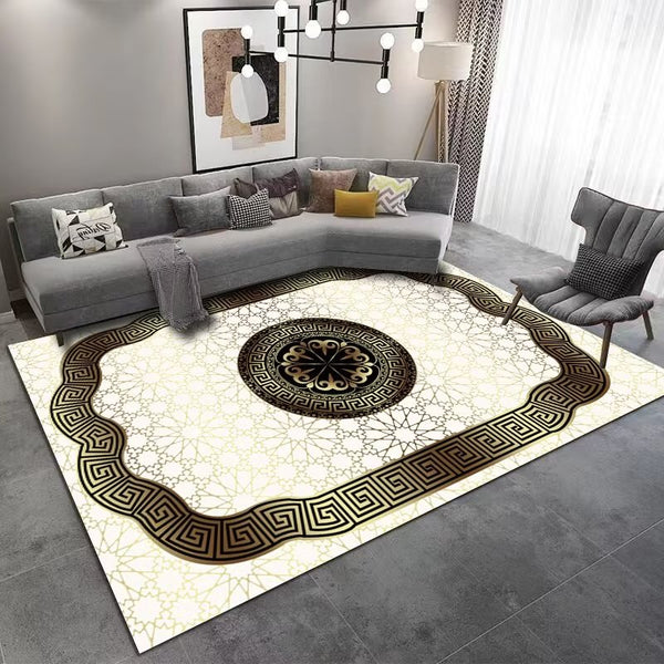 Exclusive Luxury Artistic Design Roman Medallion Machine Woven Indoor Area Rug Carpet Royal Cream with Greek Key Border 160*230 cm