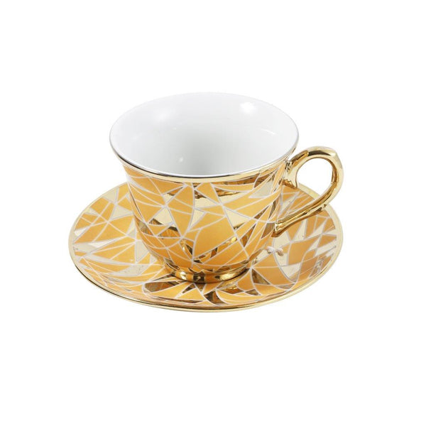 Ceramic Tea Cup and Saucer Set of 6 Pcs Gold Abstract Design Cup 7.5*9 cm Saucer 14 cm