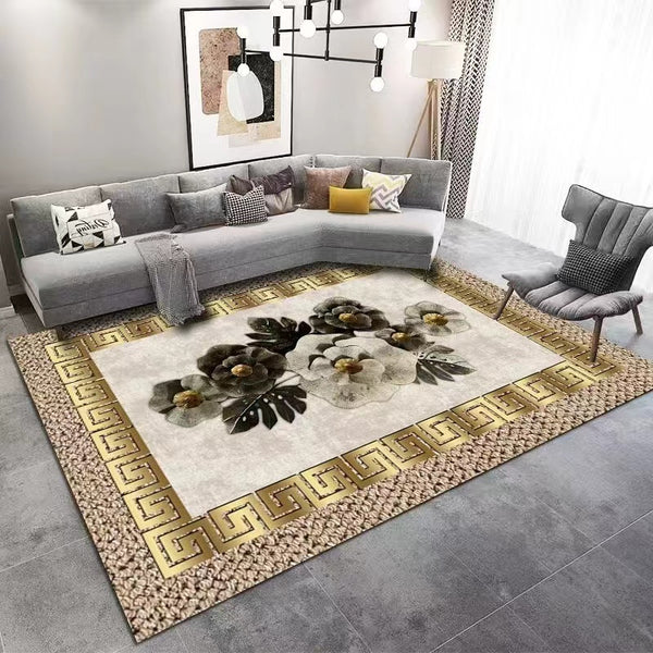Light Luxury Artistic Design Floral Medallion Machine Woven Indoor Area Rug Carpet Beige with Greek Key Border 200*300 cm
