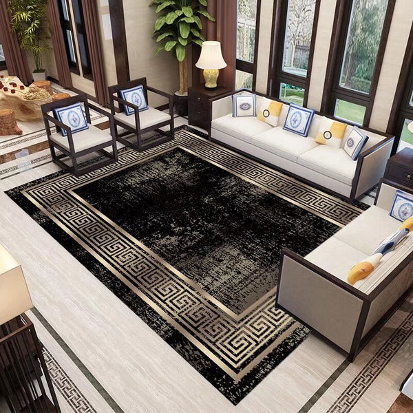 Loreda Velvet Print Machine Woven Indoor Area Rug Carpet Black with Greek Key Border 160*230 cm
