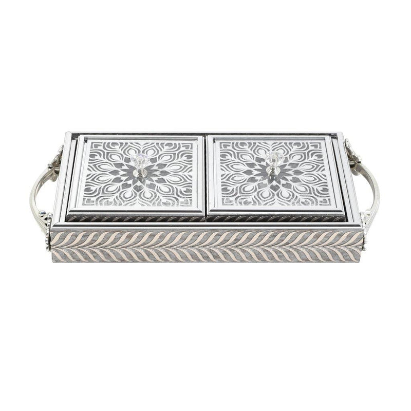 Engraved Deco Silver Candy Box Nuts and Chocolates Serving Tray 2 Compartments with Lid 29*15.5*5.5 cm