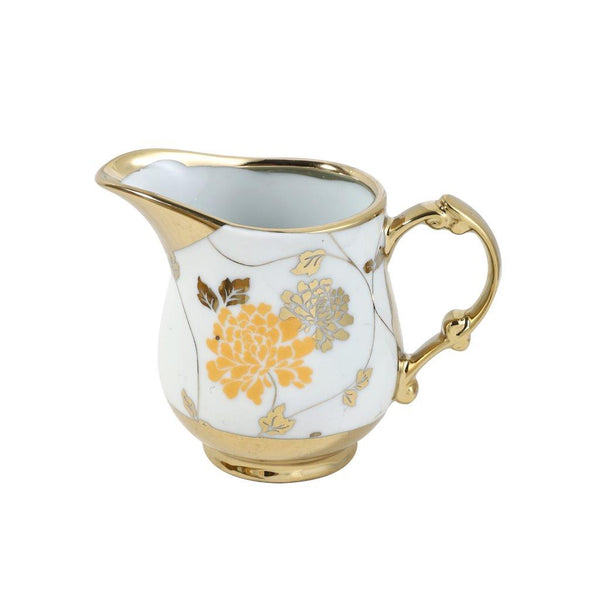 Ceramic Tea Cup and Saucer Set of 15 pcs with Milk Pot Sugar Pot and Stand Gold Floral 130 ml
