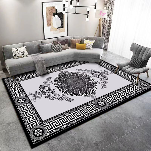 Contemporary Luxury Artistic Design Abstract Medallion Machine Woven Indoor Area Rug Carpet Light Grey with Greek Key Border 160*230 cm