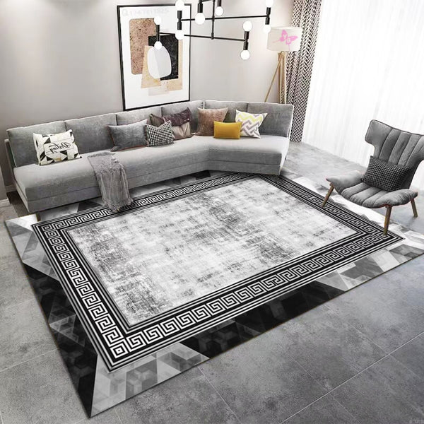 Cliver Thunder Art Design Machine Woven Indoor Area Rug Carpet Elegant Metallic Silver and Black with Greek Key Design Border 160*230 cm