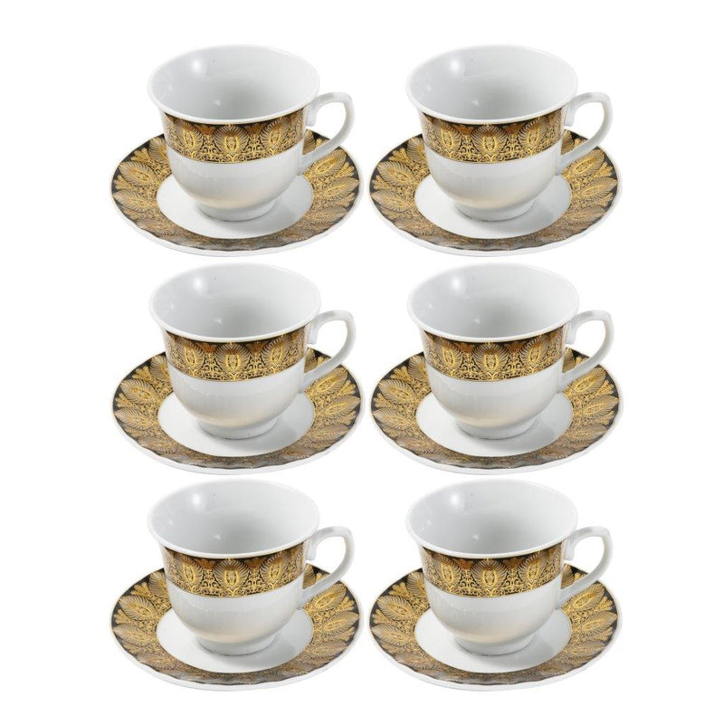 Ceramic Tea Cup and Saucer Set of 6 Pcs Gold Abstract Design 220 ml