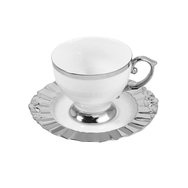 Ceramic Tea Cup and Saucer Set of 13 Pcs with Tea Pot and Stand White Silver