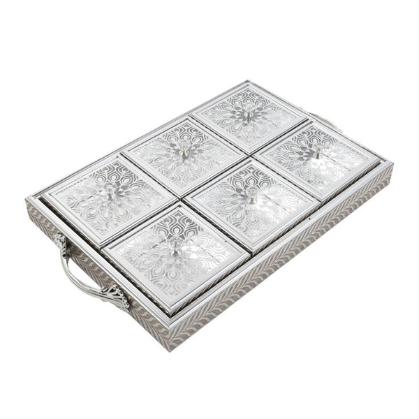 Engraved Deco Silver Candy Box Nuts and Chocolates Serving Tray 6 Compartments with Lid 42*30*5.5 cm