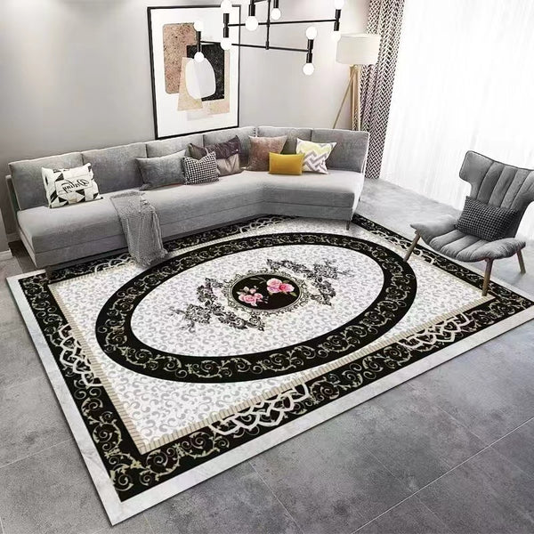 Light Luxury Artistic Design Floral Medallion Machine Woven Indoor Area Rug Carpet Silver with Floral Print Border 160*230 cm