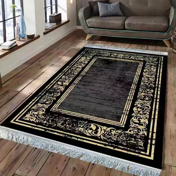 Alonso Modern Artistic Design Machine Woven Indoor Area Rug Carpet Black and Gold with Floral Frame Border 200*300 cm