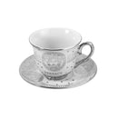 Ceramic Tea Cup and Saucer Set of 15 Pcs with Milk Pot Sugar Pot and Stand Gold 130 ml