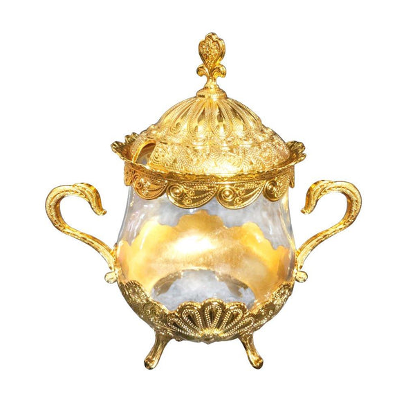 Gold Plated Sugar Pot with Spoon 14 cm