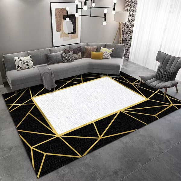 European Modern Black Marble Machine Woven Indoor Area Rug Carpet with Chevron Gold Geometric Lines Border 160*230 cm