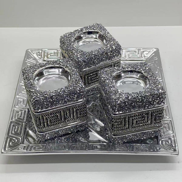 Ceramic Hand Crafted Silver Greek Key Design Candleholder Plate 23*23*2,7.5*7.5*8 cm