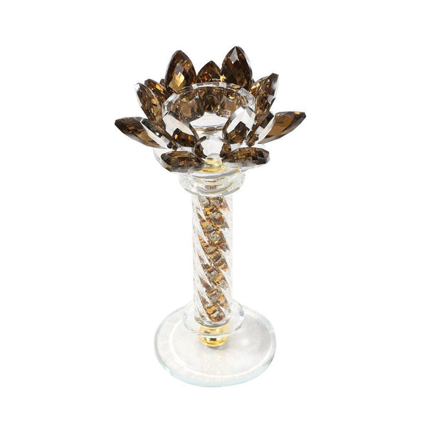 Home Decor Crystal Glass Lotus Champagne Gold Table Top Candleholder 20 cm
