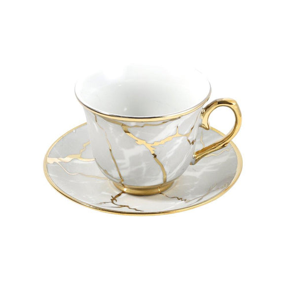 Ceramic Tea Cup and Saucer Set of 6 Pcs Grey Abstract Design Cup 7.5*9 cm Saucer 14 cm