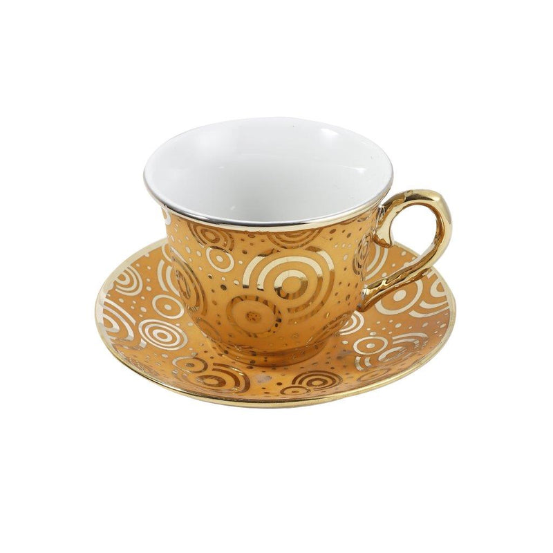 Ceramic Tea Cup and Saucer Set of 6 Pcs Gold Abstract Design Cup 7.5*9 cm Saucer 14 cm