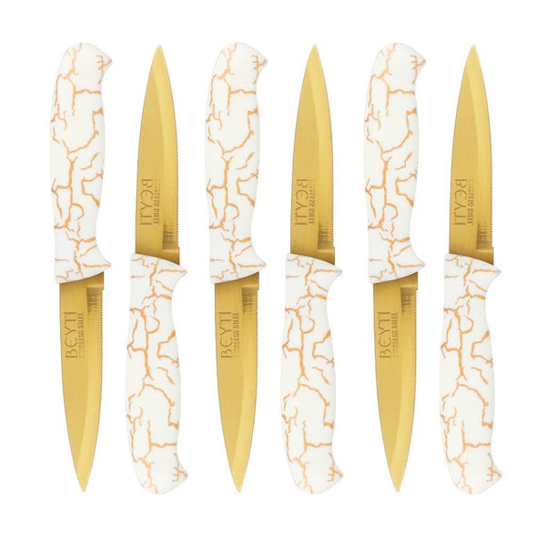 "Set of 6 Gold Fruit Knives with Mosaic Pattern Plastic Handles - 19.5 cm Stainless Steel Cutlery Set