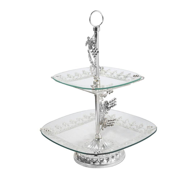 Mughal Design Glass Cake and Fruit Plate Stand 2 Tier Silver 45*30 cm