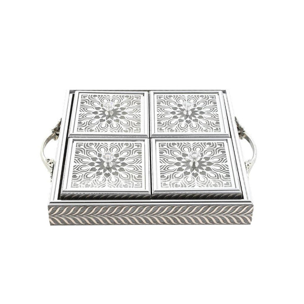 Engraved Deco Silver Candy Box Nuts and Chocolates Serving Tray 4 Compartments with Lid 30*30*5.5 cm