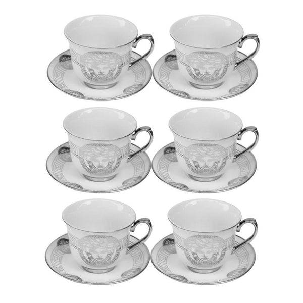 Ceramic Tea Cup and Saucer Set of 6 Pcs Print Silver Design 220 ml
