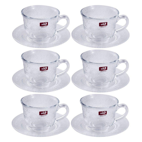 Engraved Design Clear Glass Tea Cup with Saucer Set of 6 190 ml