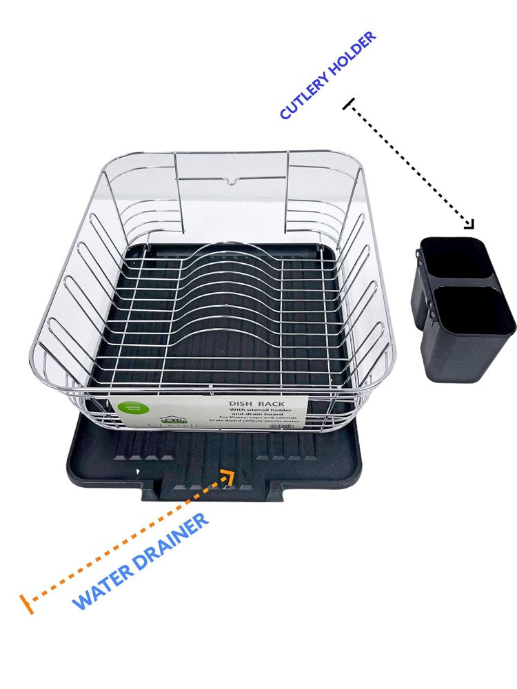 Dish Rack with Black Plastic Tray and Cup Holder Chrome Plated High Quality 37*32*13 cm