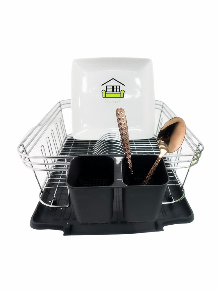 Dish Rack with Grey Plastic Tray and Cup Holder Chrome Plated High Quality44.5*34.5*14.5 cm