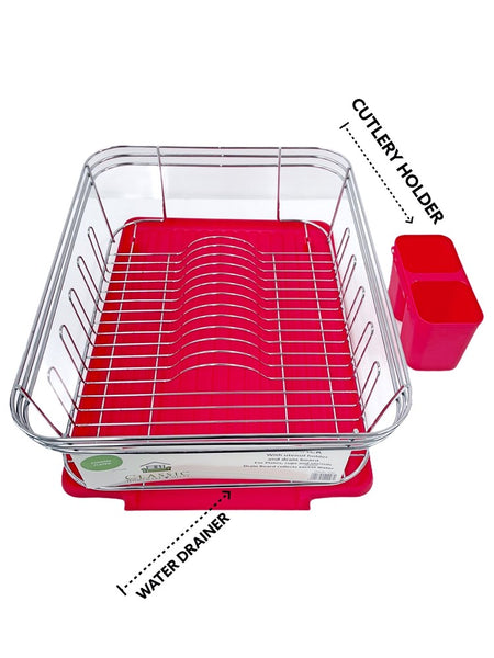 Dish Rack with Red Plastic Tray and Cup Holder Chrome Plated High Quality 44.5*34.5*14.5 cm