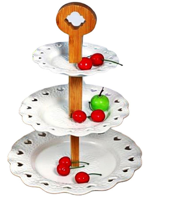 Flower Shaped Ceramic Cake Stand Fruit Platter Stand 3 Tier with Bamboo Stand 6+8+10 inch