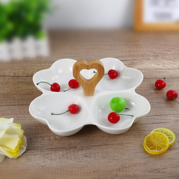 Heart Shaped Ceramic Divided Plate Fruit Platter with Bamboo Stand 10.5 inch