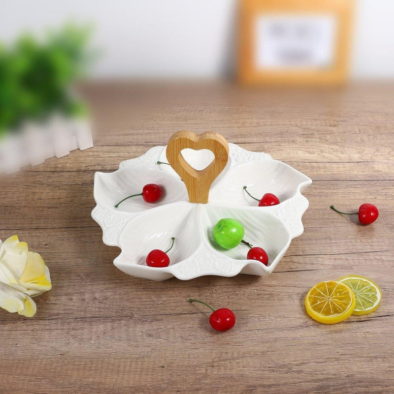 Leaf Shaped Ceramic Divided Plate Fruit Platter with Bamboo Stand 10 inch