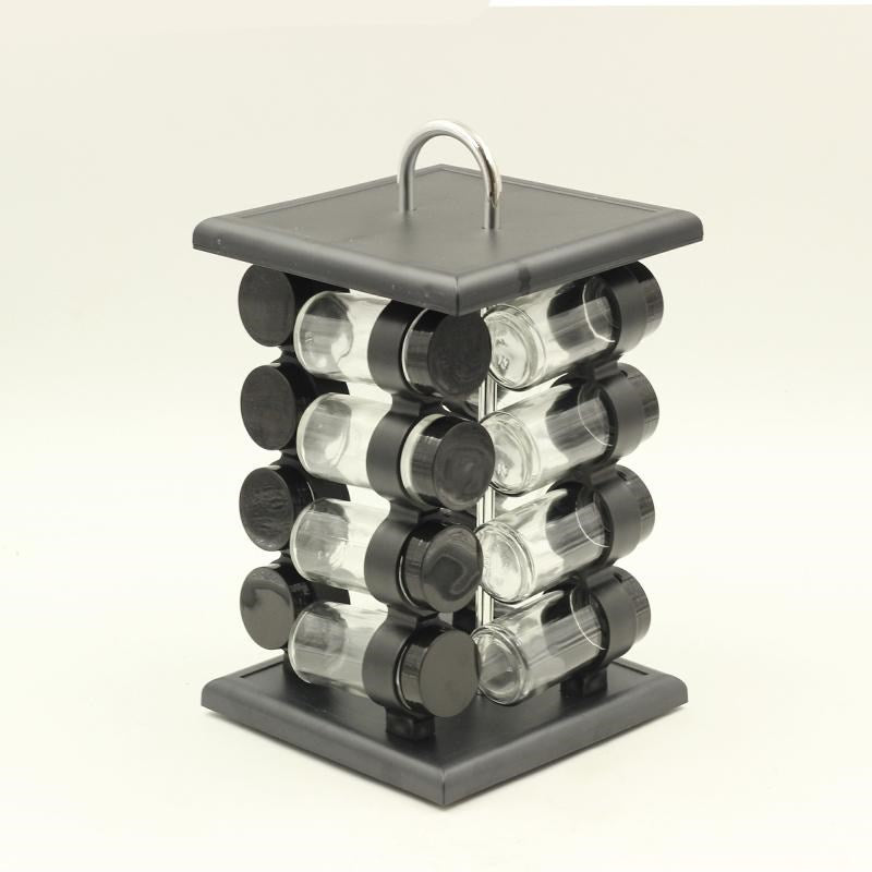 Revolving 360 Degree 16 Pcs Spice Rack Set Square Black