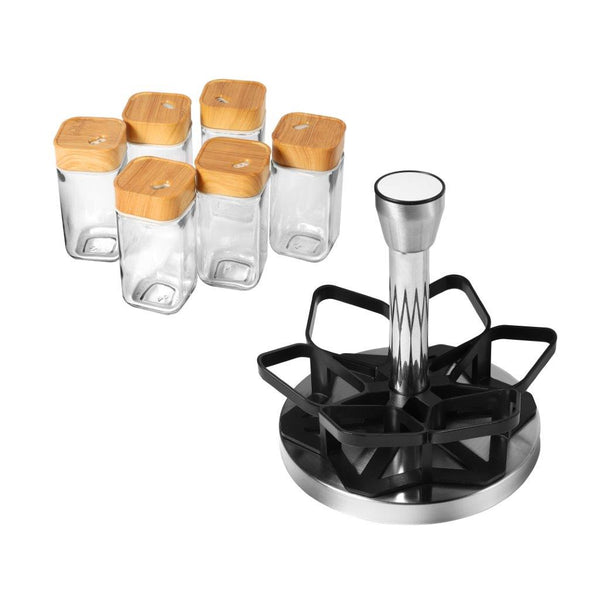Revolving Spice Rack Spice and Herb Carousel Set of 6 Pcs Wooden 4.6*4.6*10/17*18 cm