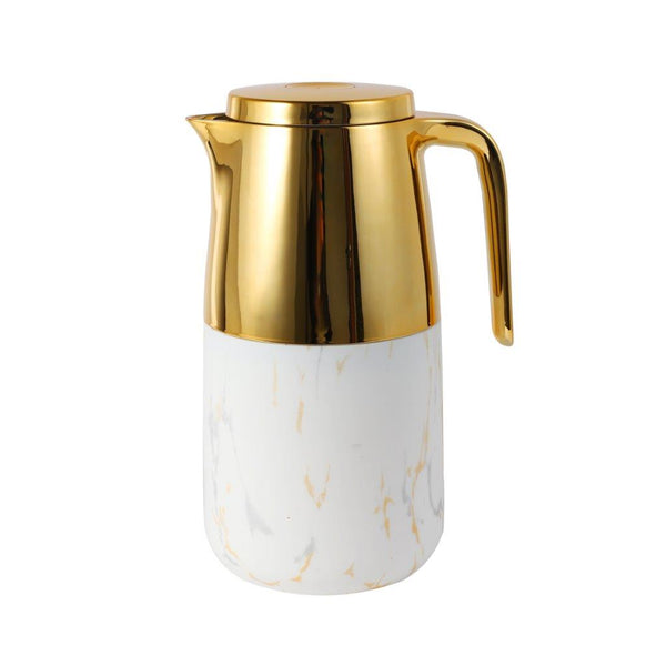 Vacuum Insulated Plastic Thermos Flask White and Gold Mix 1 Litre