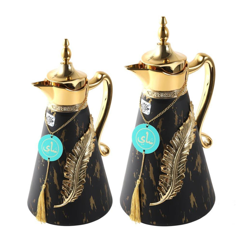 Vacuum Insulated Thermos Flask Set of 2 Black and Gold Feather Mix 0.7 & 1 Litre