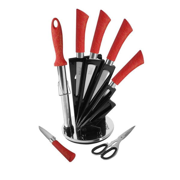 Bass Brand Premium Quality Stainless Steel Chef Kitchen Knife Set of 8 Pcs Red Handle 30 cm