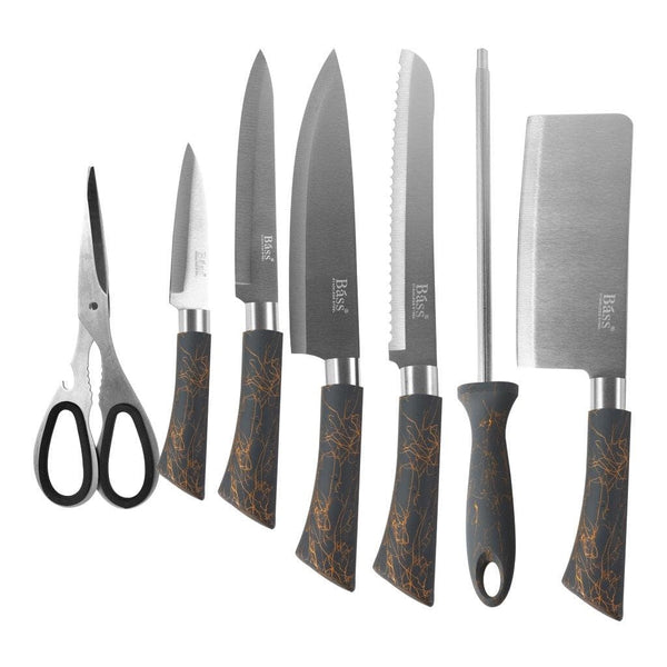 Bass Brand Premium Quality Stainless Steel Chef Kitchen Knife Set of 8 Pcs Grey Handle 30 cm