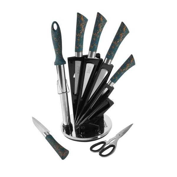 Bass Brand Premium Quality Stainless Steel Chef Kitchen Knife Set of 8 Pcs Green Handle 30 cm