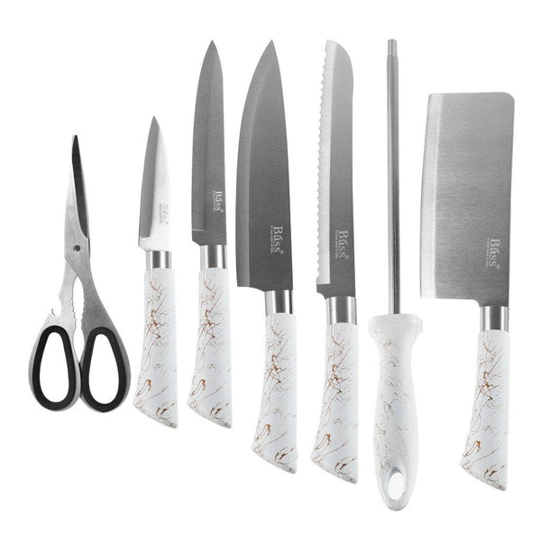 Bass Brand Premium Quality Stainless Steel Chef Kitchen Knife Set of 8 Pcs White Handle 30 cm