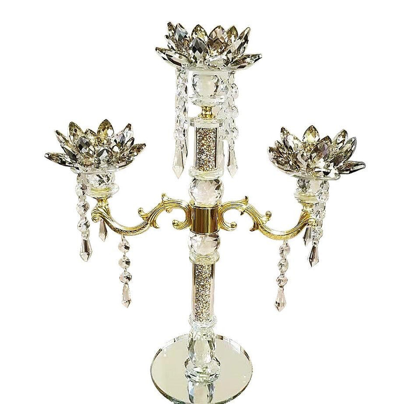 Home Decor Crystal Glass Gold Candlestick Holder 3 arms 42 cm