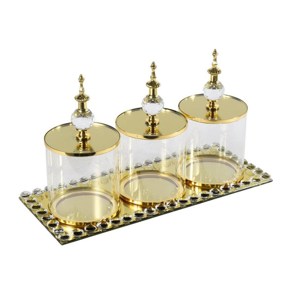 Gold Crystal Glass Candy Jar Canisters Set of 3 with Tray 10*19 cm