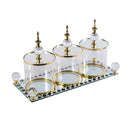 Silver Crystal Glass Candy Jar Canisters Set of 3 with Tray - 10*19 cm - Gold Bordered, Clear Glass - Shop Online at Classic Homeware & Gifts