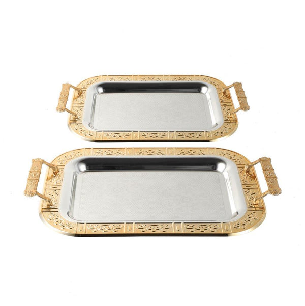 Stainless Steel Gold Plated Deco Rectangular Serving Tray Set of 2